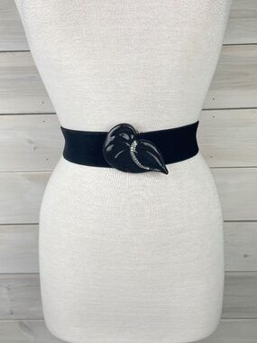 Vintage 1980s-90s Black Velvet Stretchy Belt with Ceramic Rhinestone Buckle
